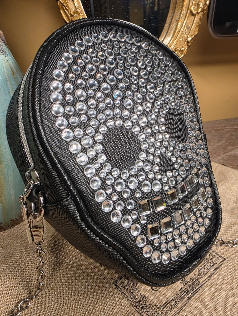 Black Mirror & Crystal Studded Skull Crossbody Bag - Picture 4 of 6